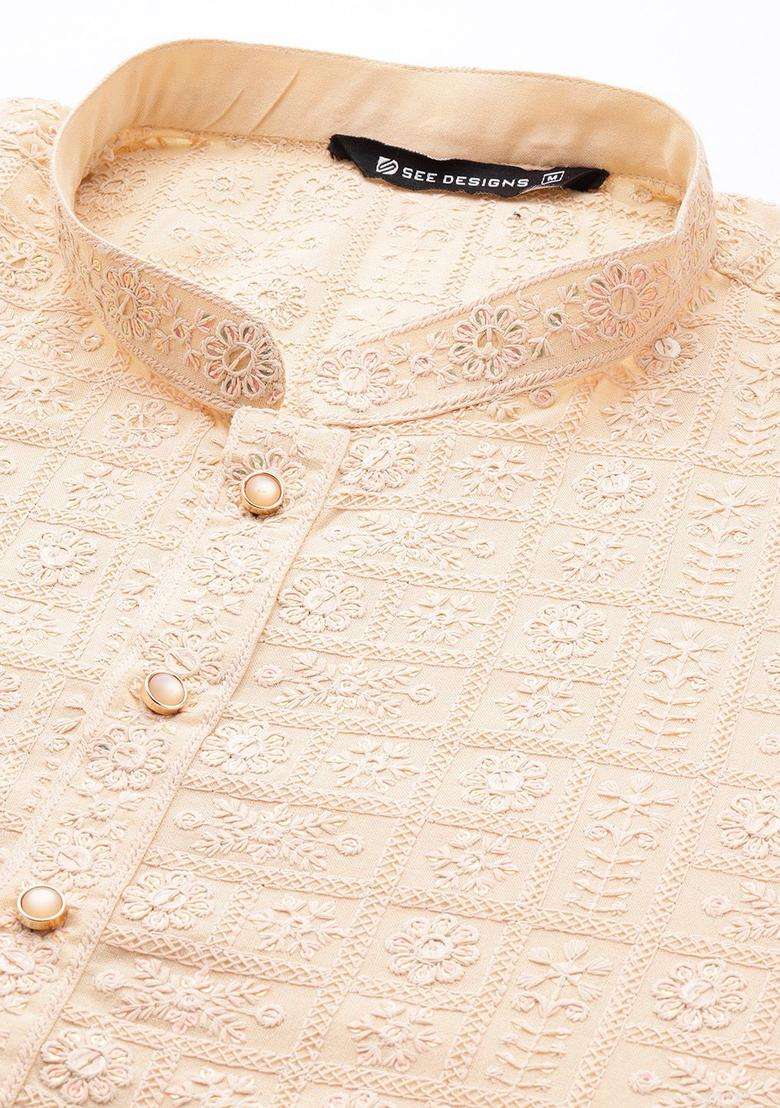 Beige Embroidered Viscose Kurta Set For Men - Indya