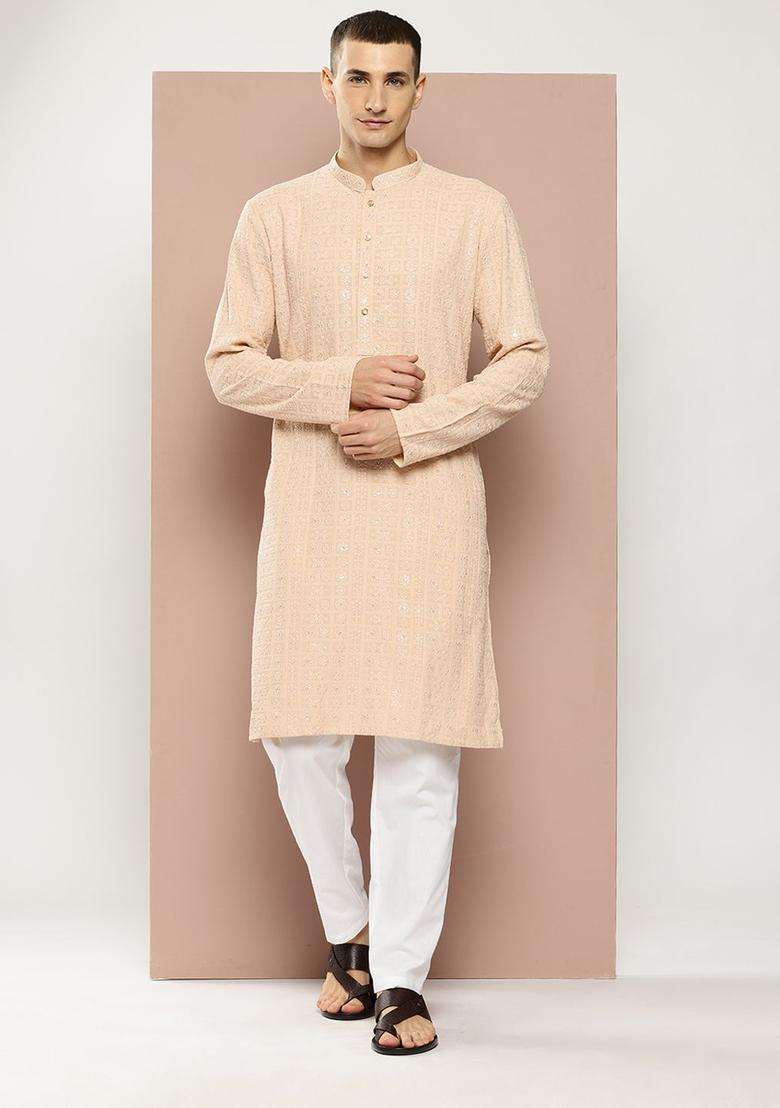 Beige Embroidered Viscose Kurta Set For Men - Indya