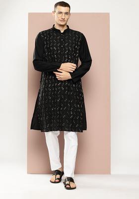 Black Embroidered Viscose Kurta Set For Men