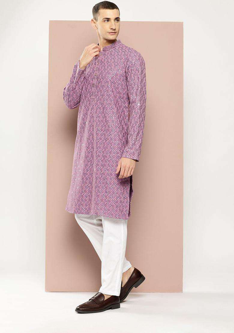 Purple Embroidered Viscose Kurta Set For Men - Indya