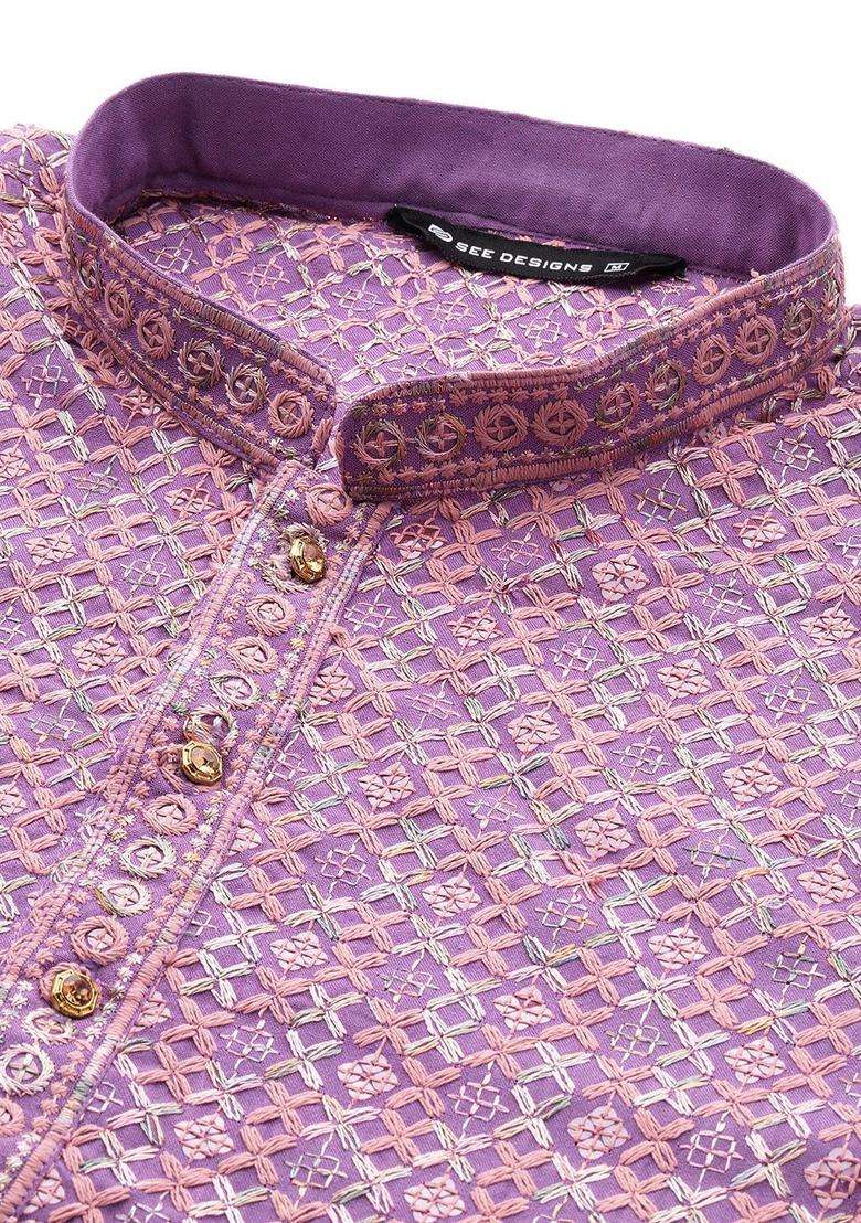Purple Embroidered Viscose Kurta Set For Men - Indya