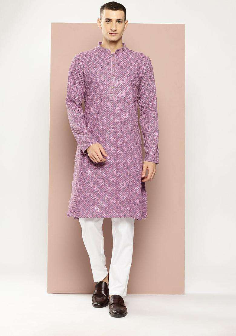 Purple Embroidered Viscose Kurta Set For Men - Indya