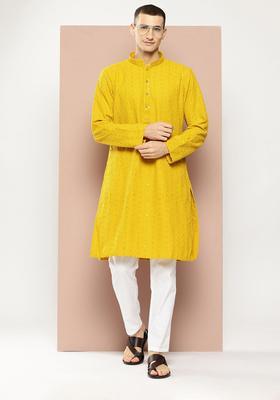 Mustard Embroidered Viscose Kurta Set For Men