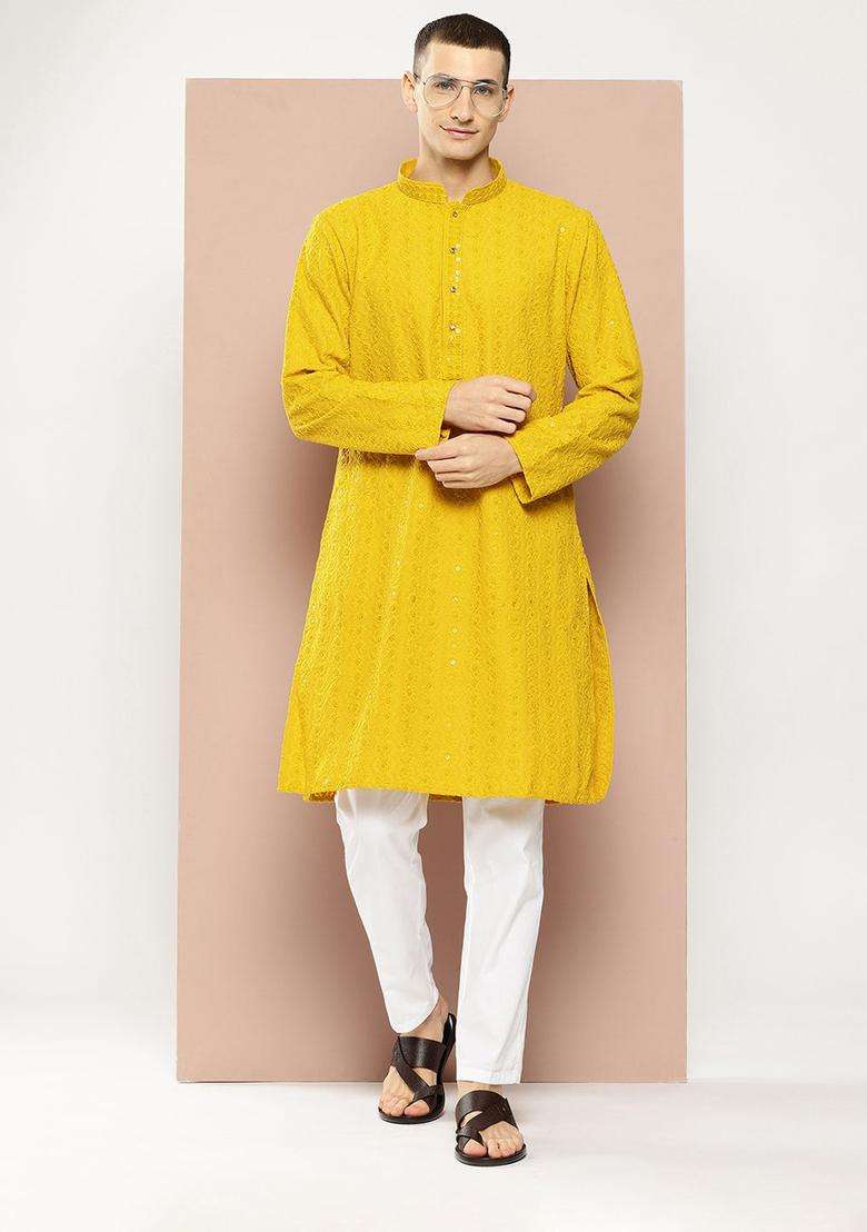 Mustard Embroidered Viscose Kurta Set For Men - Indya