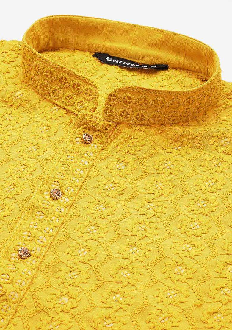 Mustard Embroidered Viscose Kurta Set For Men - Indya