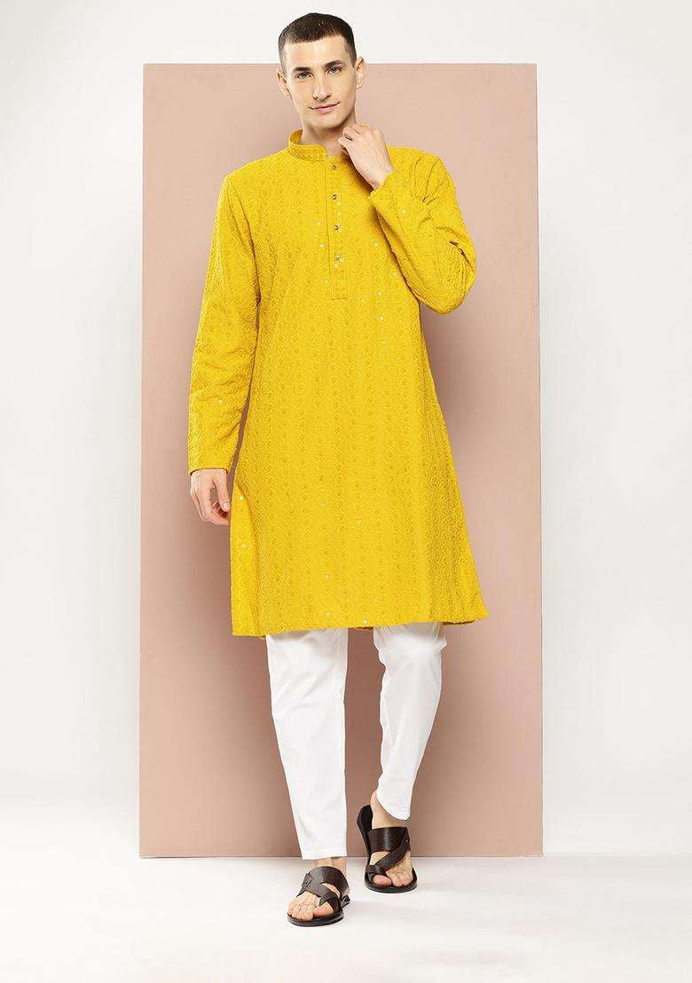 Mustard Embroidered Viscose Kurta Set For Men - Indya
