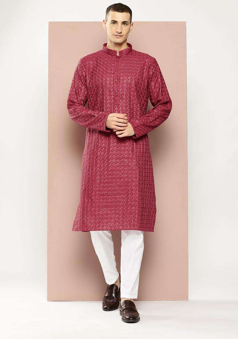 Maroon Embroidered Viscose Kurta Set For Men - Indya