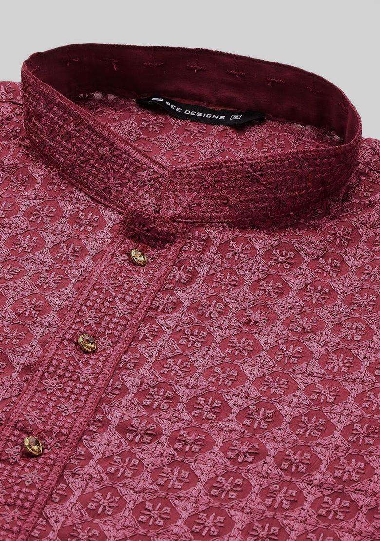 Maroon Embroidered Viscose Kurta Set For Men - Indya
