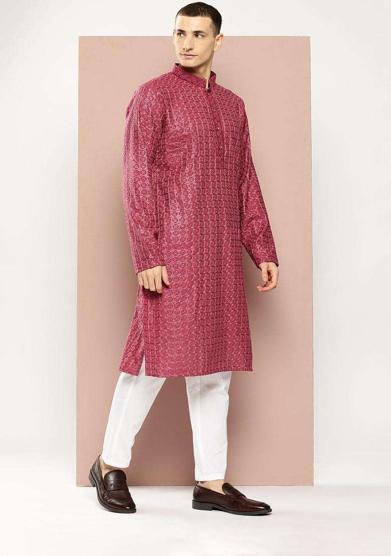 Maroon Embroidered Viscose Kurta Set For Men - Indya