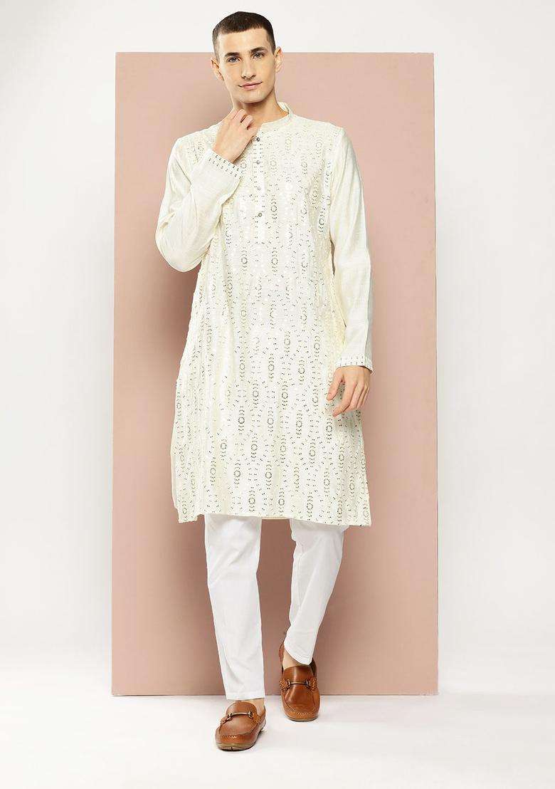 Off White Embroidered Viscose Kurta Set For Men - Indya
