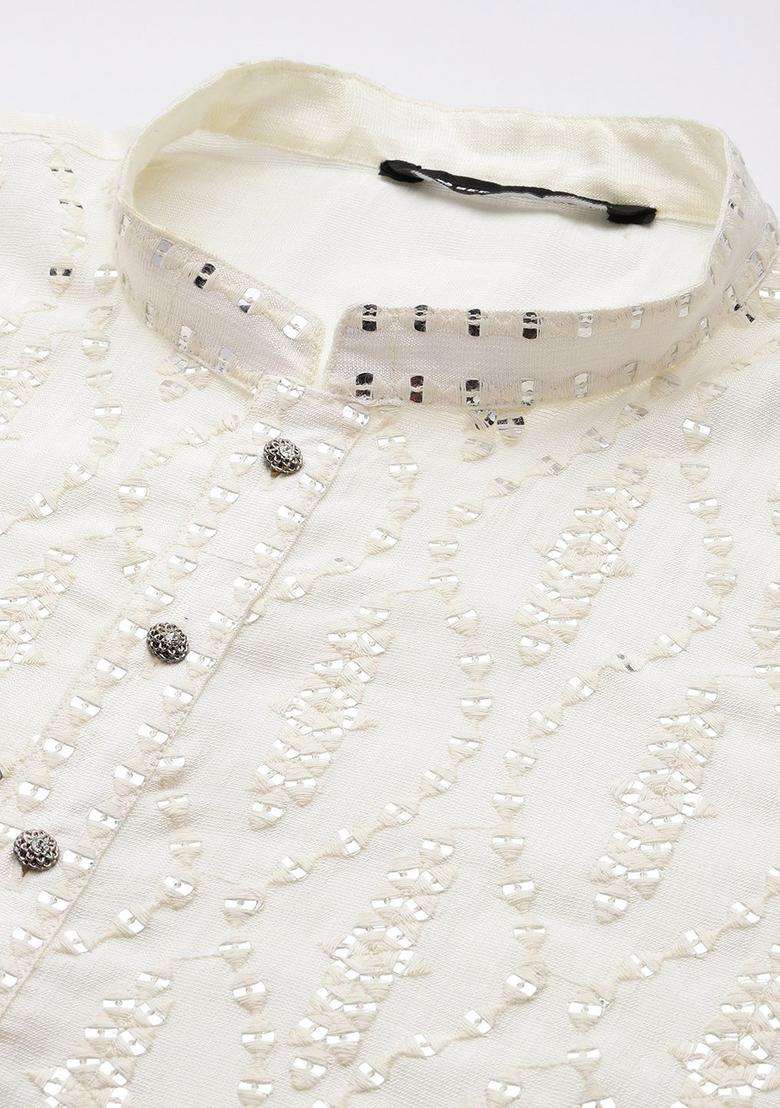 Off White Embroidered Viscose Kurta Set For Men - Indya