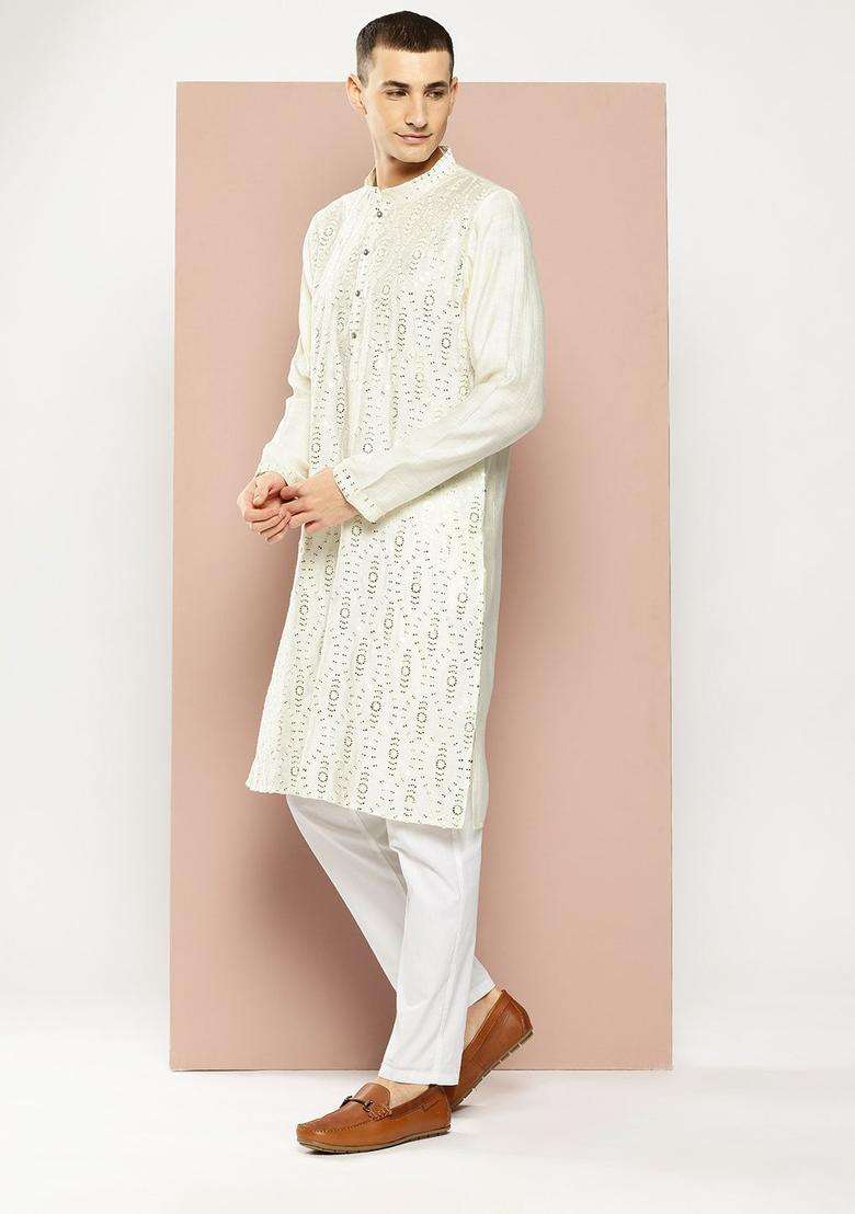 Off White Embroidered Viscose Kurta Set For Men - Indya