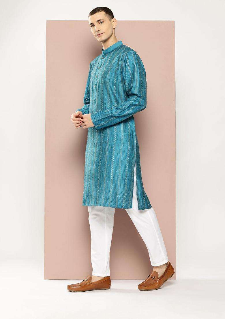 Blue Woven Design Silk Blend Kurta Set For Men - Indya