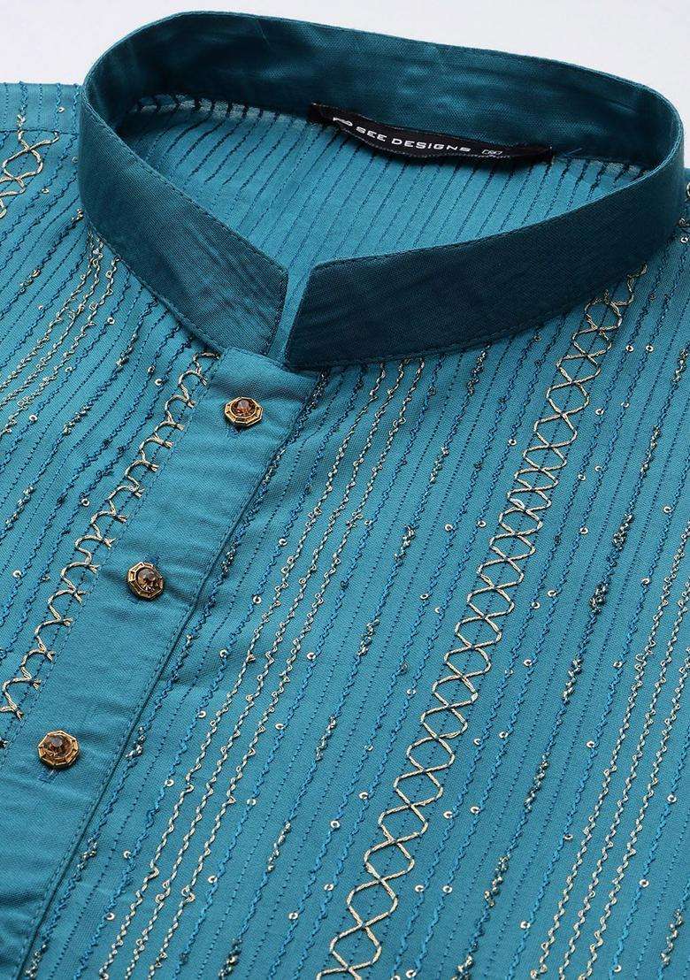 Blue Woven Design Silk Blend Kurta Set For Men - Indya