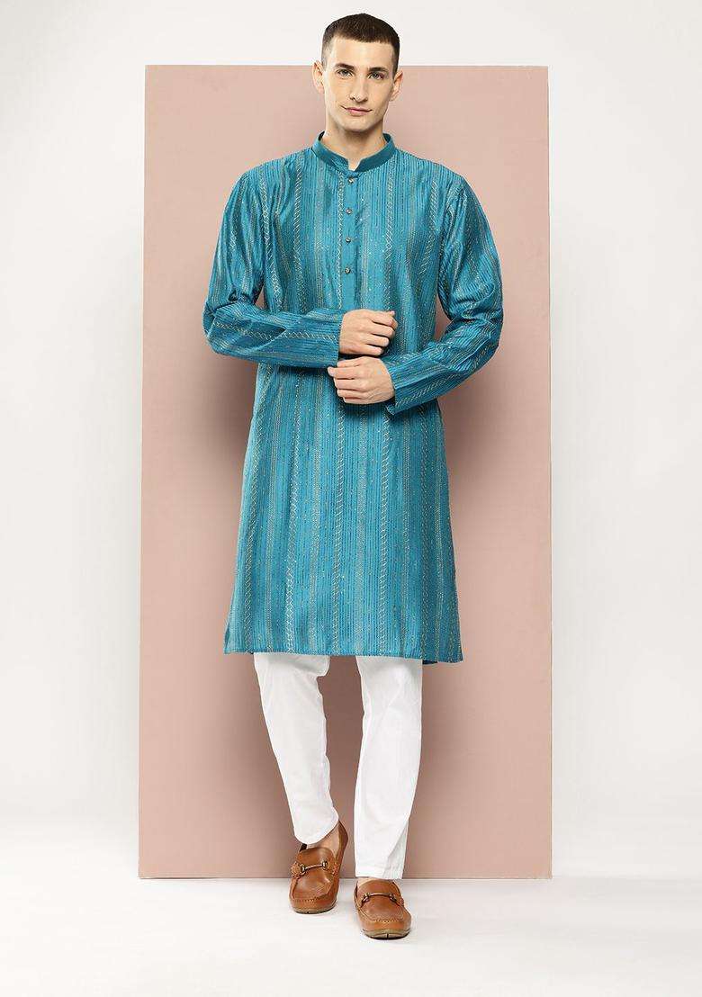 Blue Woven Design Silk Blend Kurta Set For Men - Indya