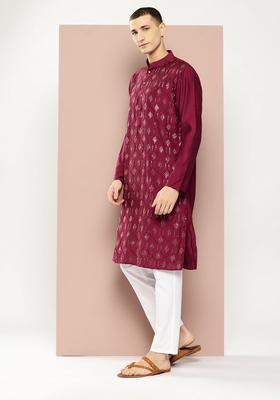 Maroon Embroidered Viscose Kurta Set For Men