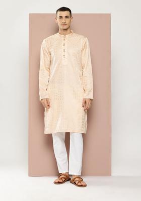 Peach Printed Viscose Kurta Set For Men