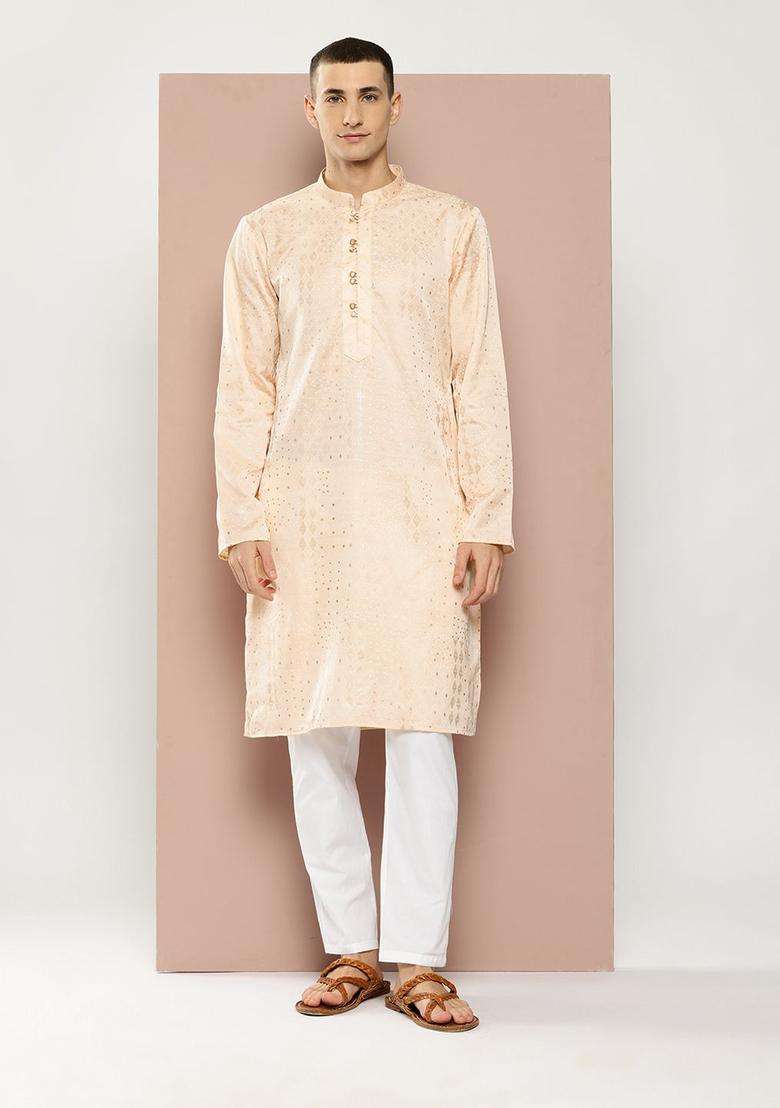 Peach Printed Viscose Kurta Set For Men - Indya