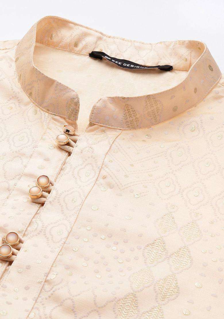 Peach Printed Viscose Kurta Set For Men - Indya
