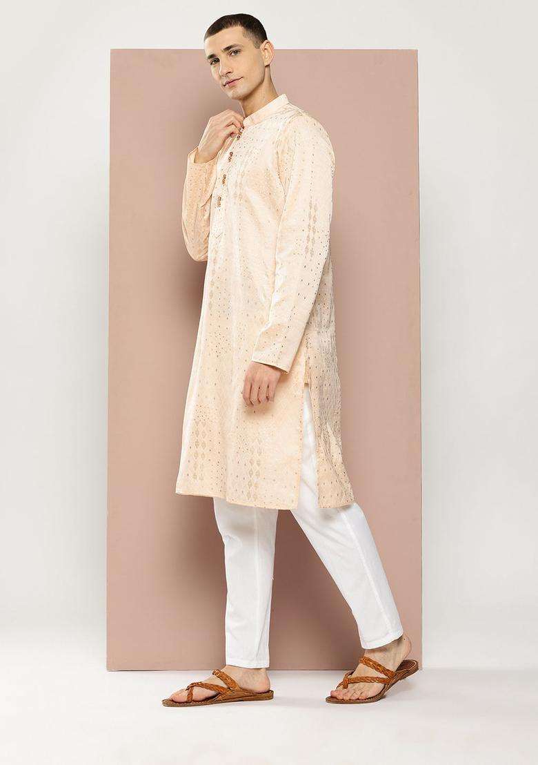Peach Printed Viscose Kurta Set For Men - Indya