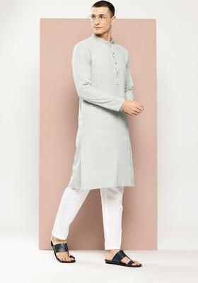 Grey Embroidered Cotton Kurta Set For Men