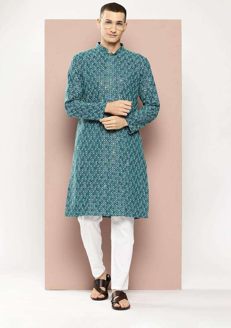 Teal Woven Design Viscose Kurta Set For Men - Indya