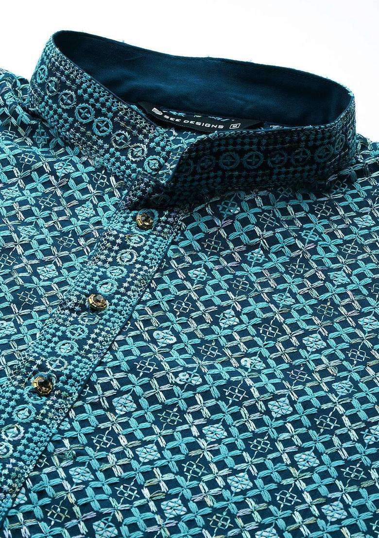 Teal Woven Design Viscose Kurta Set For Men - Indya