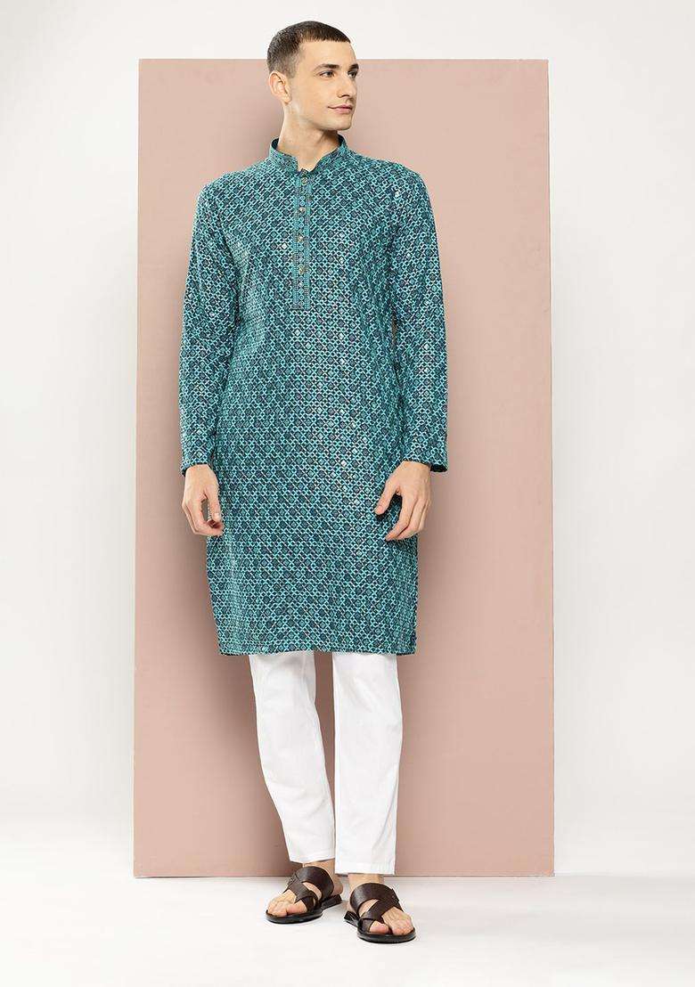Teal Woven Design Viscose Kurta Set For Men - Indya