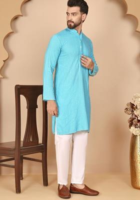 Turquoise Blue Embroidered Viscose Kurta Set For Men