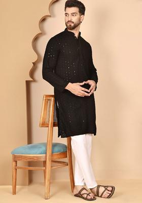 Black Embroidered Viscose Kurta Set For Men