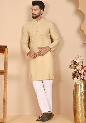 Beige Self Design Cotton Kurta Set For Men