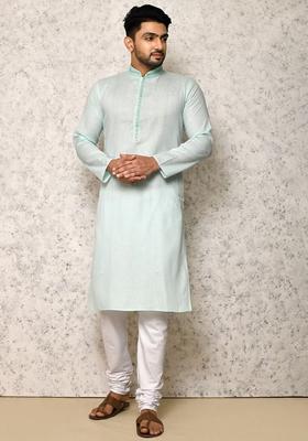 Sea Green Self Design Cotton Kurta Set For Men