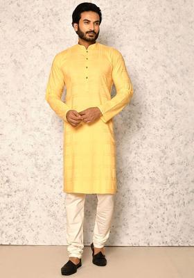 Yellow Self Design Cotton Kurta Set For Men