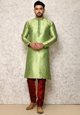 Blue Woven Design Silk Kurta Set For Men