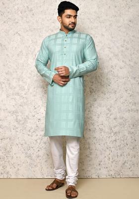Sea Green Woven Design Cotton Kurta Set For Men
