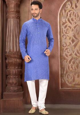 Blue Self Design Cotton Kurta Set For Men