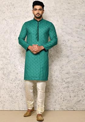 Sea Green Self Design Cotton Kurta Set For Men