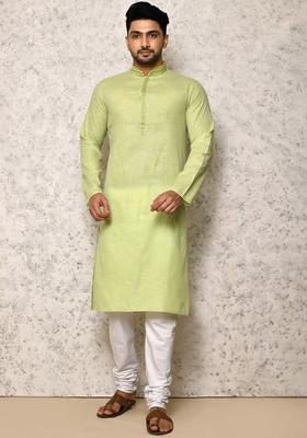 Green Self Design Cotton Kurta Set For Men