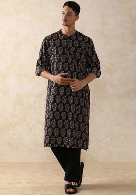 Black Printed Cotton Kurta Set For Men