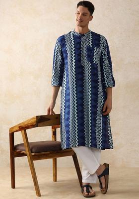 Navy Blue Printed Cotton Kurta Set For Men