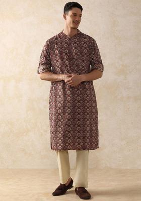 Maroon Printed Cotton Kurta Set For Men