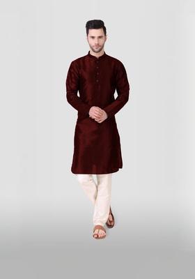 Maroon Embroidered Silk Kurta Set For Men
