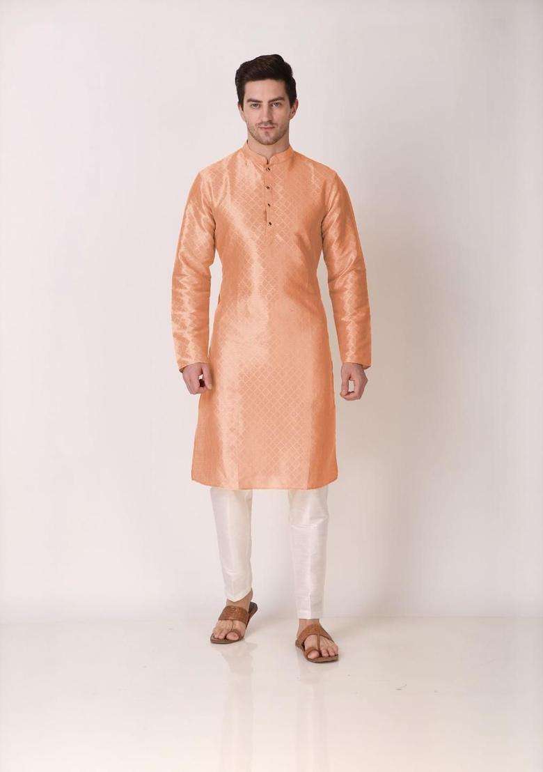 Peach Woven Design Silk Blend Kurta Set For Men - Indya