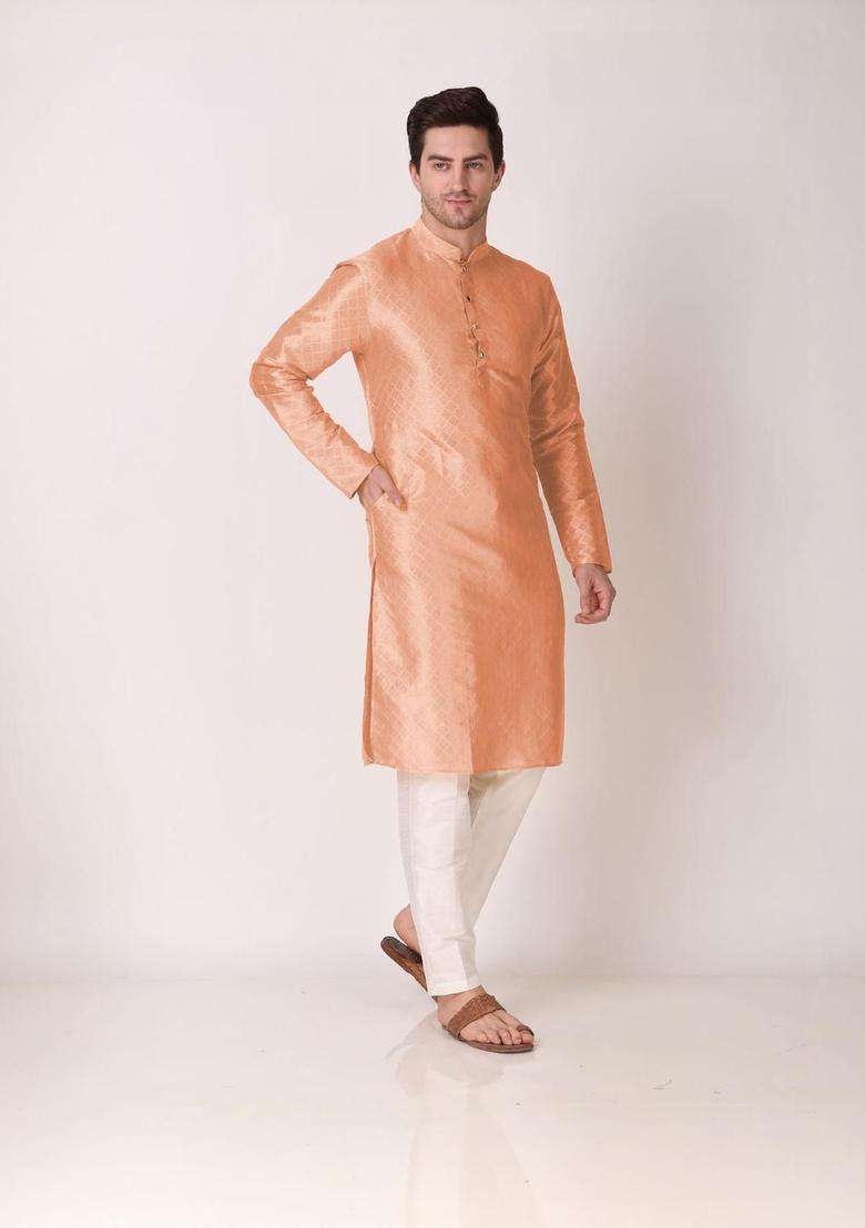 Peach Woven Design Silk Blend Kurta Set For Men - Indya