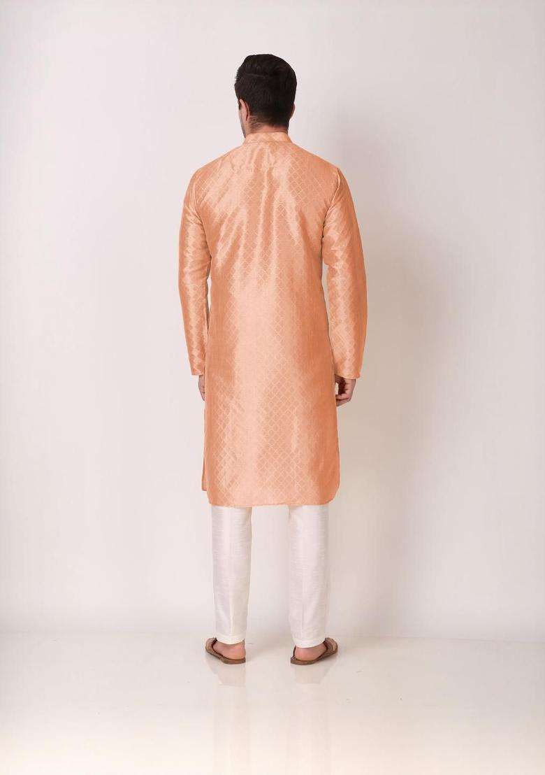 Peach Woven Design Silk Blend Kurta Set For Men - Indya