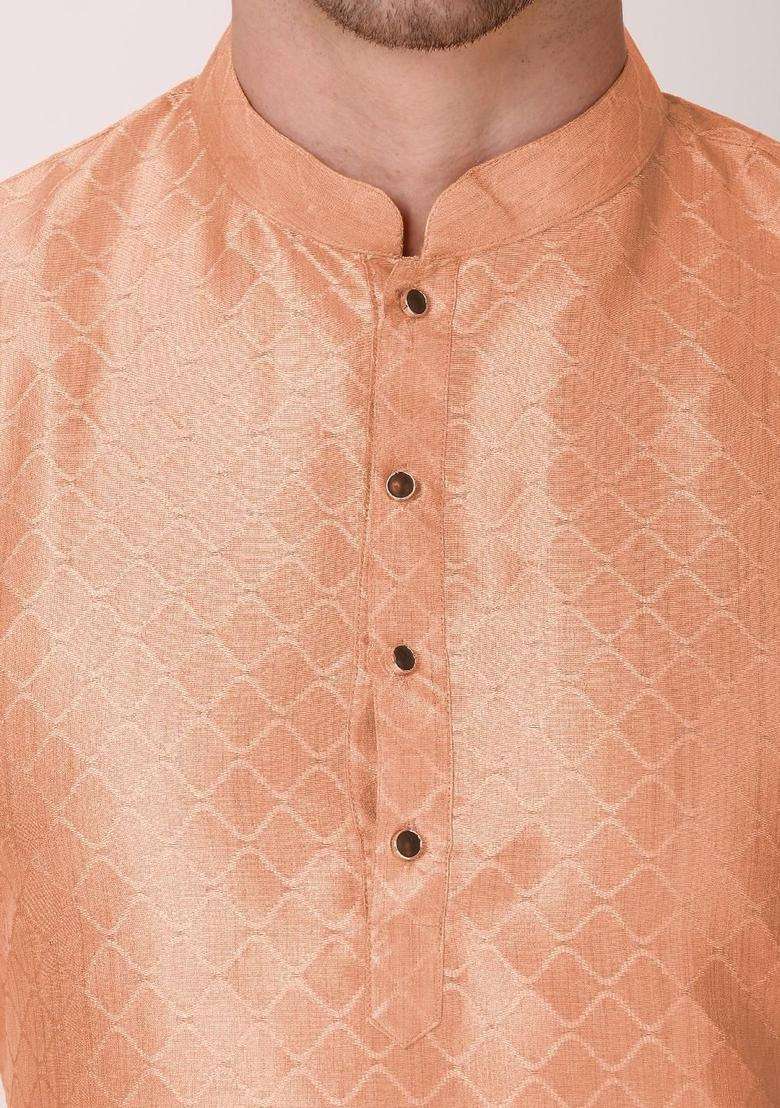 Peach Woven Design Silk Blend Kurta Set For Men - Indya