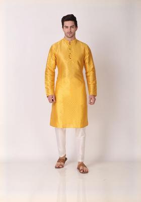 Yellow Embroidered Silk Kurta Set For Men