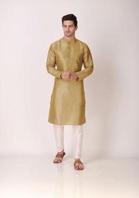 Beige Embroidered Silk Kurta Set For Men