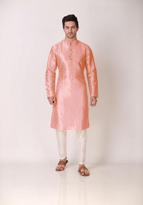 Pink Embroidered Silk Kurta Set For Men