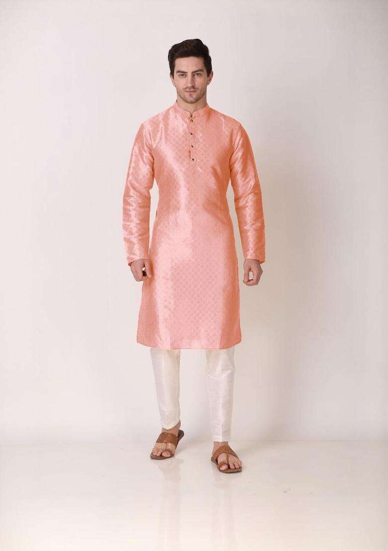 Pink Embroidered Silk Blend Kurta Set For Men - Indya
